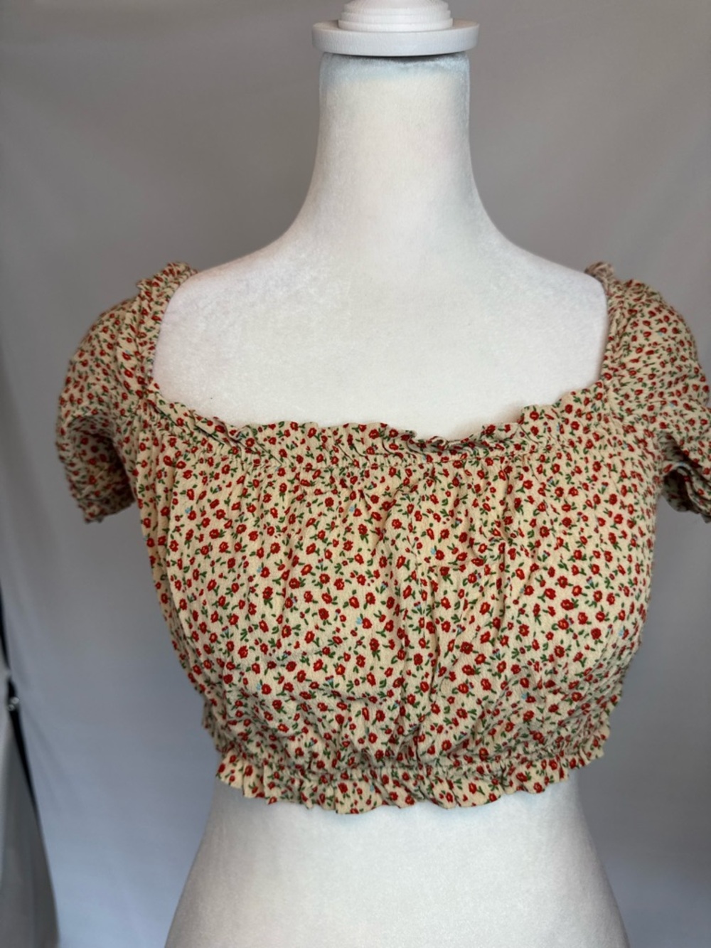 Brandy Melville Smocked Cream Crop Top with Red Floral Print,Cap Ruffled Sleeve